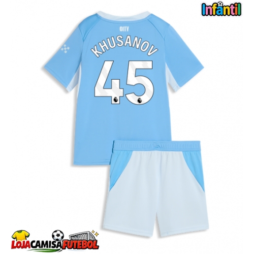 Camisa de Futebol Manchester City Abdukodir Khusanov #45 Equipamento Principal Infantil 2026-27 Manga Curta (+ Calças curtas)
